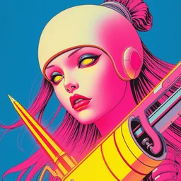 a close - up grainy, risograph painting, hyper light drigter, neon colors, a big porcelain glossy eva 0 0 1 - like head, with long hair, floating above the sharp peaks weapons, style by moebius and kim jung gi