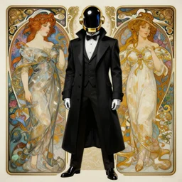 painting Daft Punk in long black coat, elegant, intricate, highly detailed, digital painting, artstation, concept art, sharp focus, illustration, art by artgerm and greg rutkowski and alphonse mucha