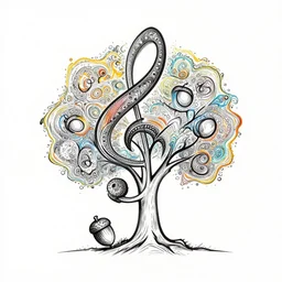 abstract single line drawing of an acorn growing into a tree in shape of treble clef, splash of color, voroni diagram