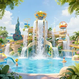 3 d render of a waterpark designed by vincent van gogh, happy scene, ethereal and dreamlike, waterfalls, magnificent structures, octane render