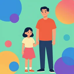father and daughter colorful background, abstract geometric