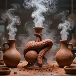 an alchemical laboratory of voices made from ceramic alembics, vapour, air flow, clay, no humans, alchemy, steam, larynx, oesophagus texture, 8 k, unreal, high resolution, vivid rusty colours,