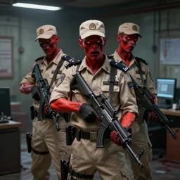 zombie security officers with glowing pale red skin in beige uniforms and caps holding bullpup guns in a brutalist office setting trending on artstation digital painting 4 k sharp detail high quality