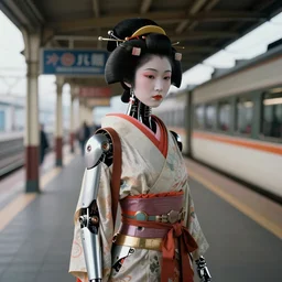 photo of geisha cyborg is waiting in train station, 1970's, leica, lomo, soft light, morning light, photorealistic, details, octane render, cryengine, 8k, cinematic shot