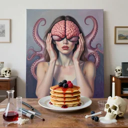 sensual, a portrait in a female art student's apartment, pancakes, woman holding a brain from inside a painting, berries, octopus, surgical supplies, skull, scientific glassware, art materials, candle dripping white wax, berry juice drips, neo - expressionism, surrealism, acrylic and spray paint and oilstick on canvas