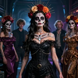 beautiful ecstatic android! woman. cinestill, blade runner, photorealistic, interstellar, intricate detailed environment. ( el dia los muertos ), 8 k, hd. photo by terry o'neil and artgerm and pollock and greg rutkowski and alphonse mucha and loish and wlop