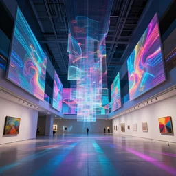 interior futuristic art gallery wide angle highly detailed by ricardo boffil and saturno butto, holographic, vibrant captivating 8 k hdr, octane render godrays