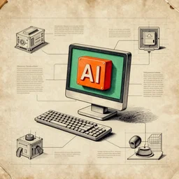 a diagram of a ai computer on beige paper, highly detailed, diagrams, graphic, vintage, retro layout design, landscape, blueprint, diagram, paper texture, uplight, orange, red, green
