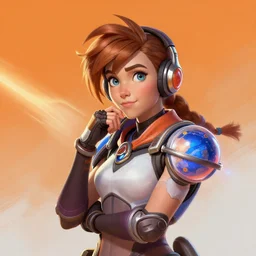 A beautiful portrait of Tracer from Overwatch pondering her orb, long shot, realistic, highly detailed, by Stanley Artgerm Lau, WLOP, and Rossdraws, digtial painting, orange and blue color scheme, trending on ArtStation