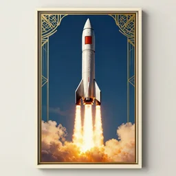 a rocket taking off, poster, art deco, ultra high resolution, ultra detailed, rene magritte