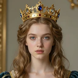 a portrait of a beautiful girl with crown,inspired by Baroque and Rococo,hint of gold ,bright colours,hyper realistic,photo real ,matte painting, concept art, hdri, 4k -