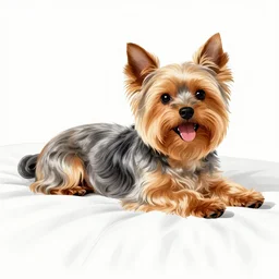 an old happy brown and gray Yorkshire terrier dog lounging in a white bed, long hair, extremely detailed masterpiece, illustration, by Michael Sowa,