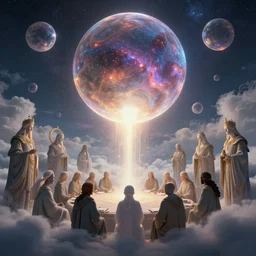Cosmic inflation bubbles peaking through the clouds,  council of Gods having a meeting, character art, concept art, matte painting, 8k, highly detailed, artstation, light being, high quality,