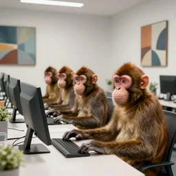 2 5 monkeys using computers, in a well lit office, happy monkey faces, modern paintings on the walls