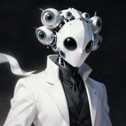 portrait of a male character with many robotic eyes in sleek clothes, in a flowing white tailcoat, wearing a futuristic insectoid white mask with five round lenses for eyes, many eyes, dramatic lighting, illustration by Greg rutkowski, yoji shinkawa, 4k, digital art, concept art, trending on artstation