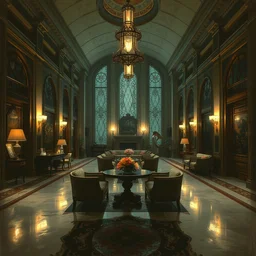 style artgerm, dean cornwell, ellen jewett : : dimly lit hotel lobby : : detailed, symmetrical, cinematic lighting