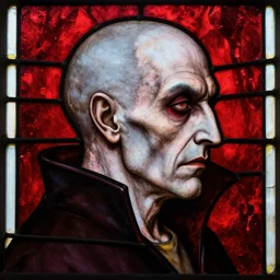 1 0 th century stained glass window, side portrait of a very old vampire, side - view grey skin, blemished skin, red eye shadow, bald and shaven, red bloody background, masterful
