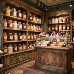 Inside an old fashioned sweet shop, large jars on shelves with beautiful labels, fantasy vendor interior, wide angle, cinematic, highly detailed, photorealistic, rich bright colors, atmospheric, trending on artstation