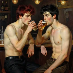 attractive masculine mike, wearing pants, with dark red hair with attractive tyler with black hair, drinking their hearts out, in a pub, no shirt. very defined and highly detailed painting by gaston bussiere, j. c. leyendecker, craig mullins 8 k
