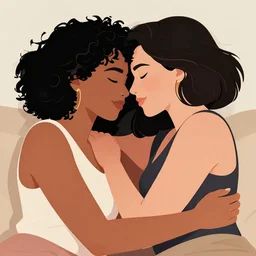 portrait of a mixed race lesbian couple deeply in love cuddling on the sofe, very romantic, highly detailed, smooth, stylized, medium shot, vector line art, clean cel shaded vector art, by lois van baarle and ilya kuvshinov and ross tron
