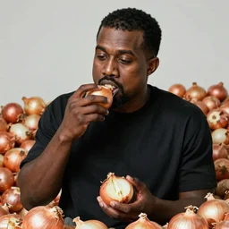 Kanye West eating an onion inside a room filled with onions while holding a sign that reads I love onions!, candid photography, photo taken with an iPhone camera