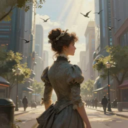 portrait of a victorian lady in a futuristic city, from behind, streets, birds in the sky, sunlight and rays of light shining through trees, tall buildings on the sides, beautiful, solarpunk!!!, highly detailed, digital painting by Tommy Alepego