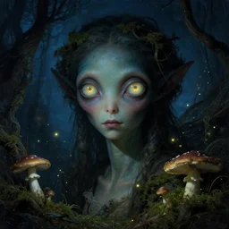 a close - up rococo portrait of a dark alien fairy. giant glowing eyes. surrounded by moss, mushrooms, and swamp, 1 8 th century painting by jean - honore fragonard and moebius. fireflies, night time. gloomy bluish environment, blurry organic dark background. sci - fi fantasy renaissance masterpiece. artstation