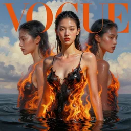 3 d, fashion model, sweat skin, flame, liquid black water, morning, vogue cover style, poster art, high detail, intricate oil painting, multiple exposure, heaven mood, hyperrealism, 3 d, by tooth wu and wlop and beeple and greg rutkowski