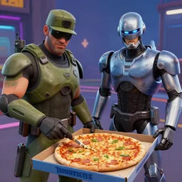 Master Chief and Robocop sharing a pizza, a screenshot from Fortnite