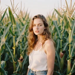 photograph of a beautiful!!! woman! in a tall! corn field by mark owen. pastel colors. portra 4 0 0 film. mamiya 7. highly detailed. hq. photoreal. golden hour. raw. in - frame