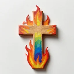 wooden cross in rainbow flames, finger painting