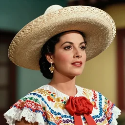 the image is a lost hollywood film still photograph of in this image, a beautiful mexican actress from the 1 9 5 0 s. she is wearing a traditional mexican dress and a wide brimmed hat. her dark hair is pulled back in a tight bun. she has a serene expression on her face. vibrant cinematography, anamorphic lenses, upscale, hyper realistic photo, crisp, detailed image in