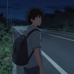 a hitchhiker on a highway at night, anime style