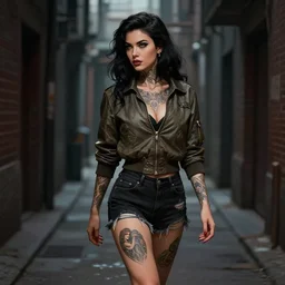 tattooed sexy pinup girl wearing an aviator jacket and ripped black shorts walking in a dark alley, deep focus, turnaround, highly detailed, digital painting, artstation, concept art, matte, sharp focus, illustration, hearthstone, art by artgerm and greg rutkowski and alphonse mucha.