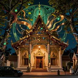 a streeet view of wat rong khun temple by charlie bowater and art germ, rule of thirds, golden ratio, art nouveau! cyberpunk! style, mechanical accents!, mecha plate armor, glowing leds, flowing wires with leaves, art nouveau accents, art nouveau patterns and geometry, rich deep moody colors