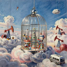 an inflated stainless steel chrome birdcage in the clouds, people are hanging by steel cables. Oil rigs in the sky. Winnebagos. Intricate technical drawing. Colored pencil. Mammatus clouds. Ornate, brilliant, utopian, detailed, Golden ratio, solarpunk technology by Lebbeus Woods and Craig Mullins