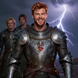 stunning portrait of ( ( ( laughing ) ) ) ( ( ( ( copper haired chris hemsworth ) ) ) ) as destruction from sandman looking like kristofer hivju!!, medival armour!!, by jeremy mann, by frank moth, jeff easley, alphonse mucha, dave mckean, thunder & lightning, soft lightning, high detailed, 8 k