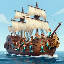 mermaids and sirens raid an enourmous pirate ship and attack everyone onboard, sinking the ship which is on fire, watercolor painting, art by walter crane and arthur rackham, and albert bierstadt and william turner, illustration style, watercolor