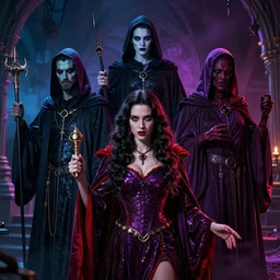 The night of the 5 murderous sorcerers, vivid colorful, Hyperrealistic CGI Photorealistic cinematic volume lighting fanart on ArtStation  concept art sharp focus