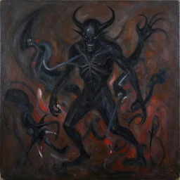 an abstract painting of a hellish creature constantly shapeshifting in to other forms and beings, graphic, moody