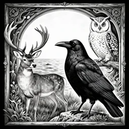psychedelic monochromatic artwork of a raven combined with a deer and an owl that is also a window into the ocean by didier comes