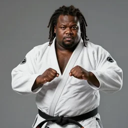 hyperrealistic mixed media portrait of an overweight black man with dreads wearing a gi, doing martial arts, 8 k octane beautifully detailed render, post - processing, extremely hyperdetailed, trending on artstation