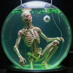 a human without skin floating in a circular glass tank, nerves caress the bones of the being, one eye, suspended, green liquid, attached to tubes and cables, hyper real, hyperrealistic, realistic, real, amazing detail, clear image, high octane render, anatomically correct, creepy
