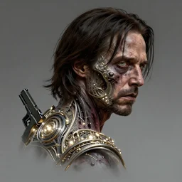 head and shouder of zombie keanu reeves with a glock, intricate, elegant, glowing lights, highly detailed, digital painting, artstation, concept art, smooth, 8 k, very high resolution, processing, extremely hyperdetailed