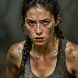 focus muscular sweat lara croft, covers with mud exhausted face close up, highly detailed painting by gaston bussiere, craig mullins, j. c. leyendecker 8 k