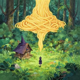 a lonely witch's hut in a clearing in the forest on which a giant spaghetti monster is approaching, top view rule of thirds golden ratio, fake detail, trending pixiv fanbox, acrylic palette knife, style of makoto shinkai studio ghibli genshin impact james gilleard greg rutkowski chiho aoshima