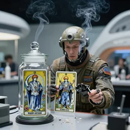 cinestill 5 0 d, 8 k ; esoteric ultra realistic major arcana in the expanse ( 2 0 2 0 ) film still space dj live scene in frontiers in commercial porcelain shatter testing film still june closeup 3 / 4 portrait edition, hyperrealistic real - life smoking cyborg pilot tarot card porcelain occult figurine in seinen manga victorian glass jar, third eye contact, tilt shift wide shot zaha hadid background