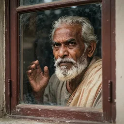an old indian man angry seen through a window