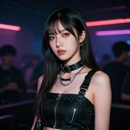 photograph of a techwear mixed young woman inside a hidden club, closeup, brutalist design, cyberpunk, sigma 85mm f/1.4, 4k, depth of field, high resolution, 4k, 8k, hd, full color