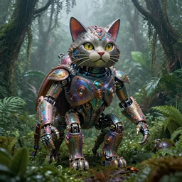 giant iridescent mix between a feline and bug android creature in lush jungle, raining, foggy, moody, :: by Jeff Koons, Dan McPharlin Daniel Merrian :: ornate, dynamic, particulate, rich colors, intricate, elegant, highly detailed, centered, artstation, smooth, sharp focus, octane render, 3d